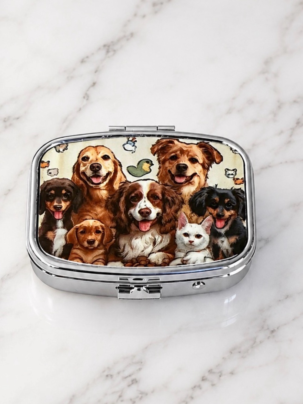 Puppy Theme Design Purse Pill Box/Travel Jewelry-Compact With Lidded Mirror